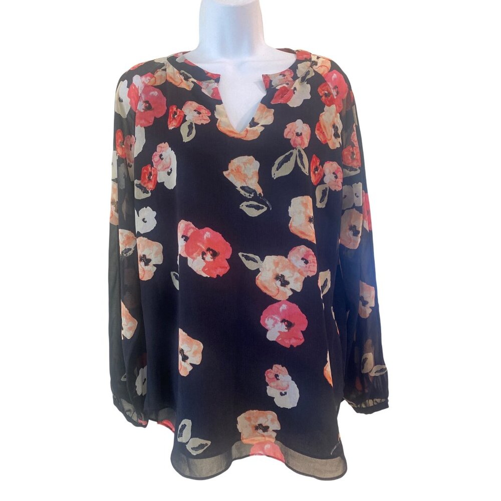 CAbi Poppy Blouse Medium* Tunic Top Navy Pink Floral Sheer lined Long Sleeve - Picture 6 of 10